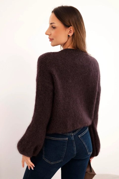 Sweter damski z moherem zapinany na guziki z bufiastym rękawem brązowy