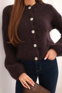 Sweter damski z moherem zapinany na guziki z bufiastym rękawem brązowy