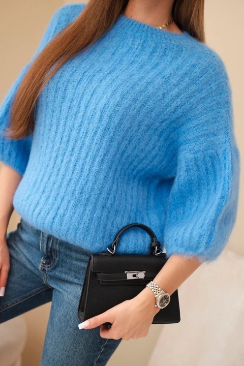 Sweter damski z moheru z rękawem 3/4 jeansowy