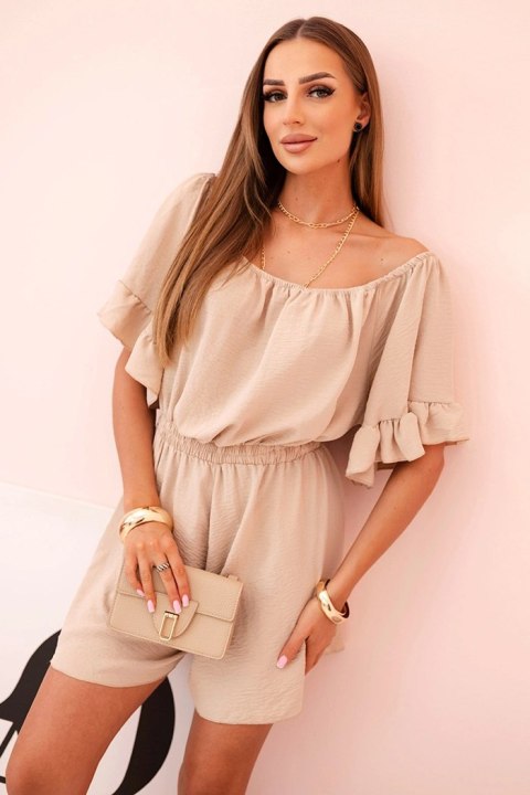 Kombinezon damski hiszpanka z falbankami i gumką w talii beżowy