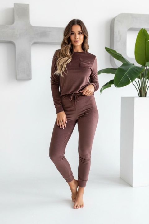 Welurowy komplet dresowy NATANIEL I ciemny brąz I kieszonka I one size