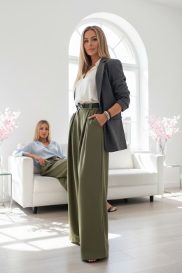 Spodnie typu palazzo LATIFA | OLIWKA | ozdobny pasek | szlufki | one size