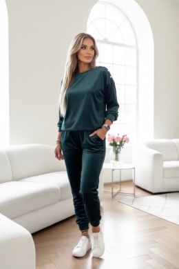 Welurowy komplet dresowy LA MER | butelkowa zieleń | napy | bluza i spodnie | one size