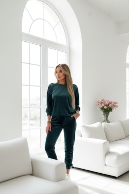 Welurowy komplet dresowy LA MER | butelkowa zieleń | napy | bluza i spodnie | one size