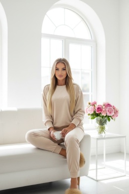 Welurowy komplet dresowy LA MER | jasny beż | napy | bluza,spodnie | one size