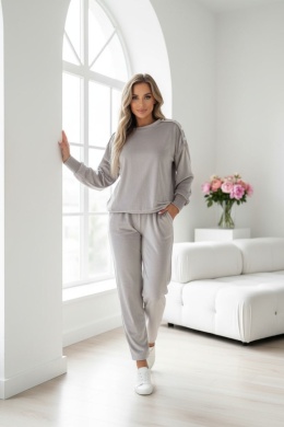 Welurowy komplet dresowy LA MER | jasny szary | napy | bluza i spodnie | one size