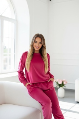 Welurowy komplet dresowy LA MER | malinowy róż | napy | bluza,spodnie | one size