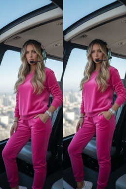 Welurowy dres RONY | róż barbie | długi rękaw | dekolt w serek