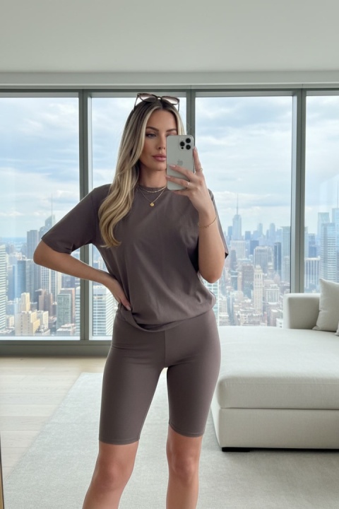 Bawełniany komplet ROSS | taupe | t-shirt+krótkie spodenki | rozmiar uniwersalny