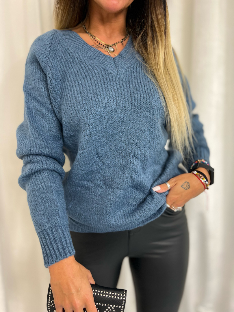 Dzianinowy sweter DIEGO | jeansowy I podwójny dekolt | one size