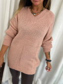 Dzianinowy sweter DIEGO | pudrowy róż I podwójny dekolt | one size