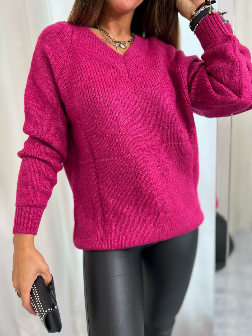 Dzianinowy sweter DIEGO | śliwka I podwójny dekolt | one size