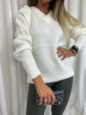 Dzianinowy swetr DIEGO | śmietanka I podwójny dekolt | one size