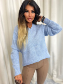 Dzianinowy sweter PONY | błękit I dekolt w serek | one size
