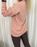 Dzianinowy sweter PONY | dekolt w serek | pudrowy róż | one size