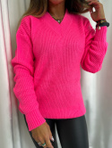 Dzianinowy swetr PONY | dekolt w serek | róż neon | one size