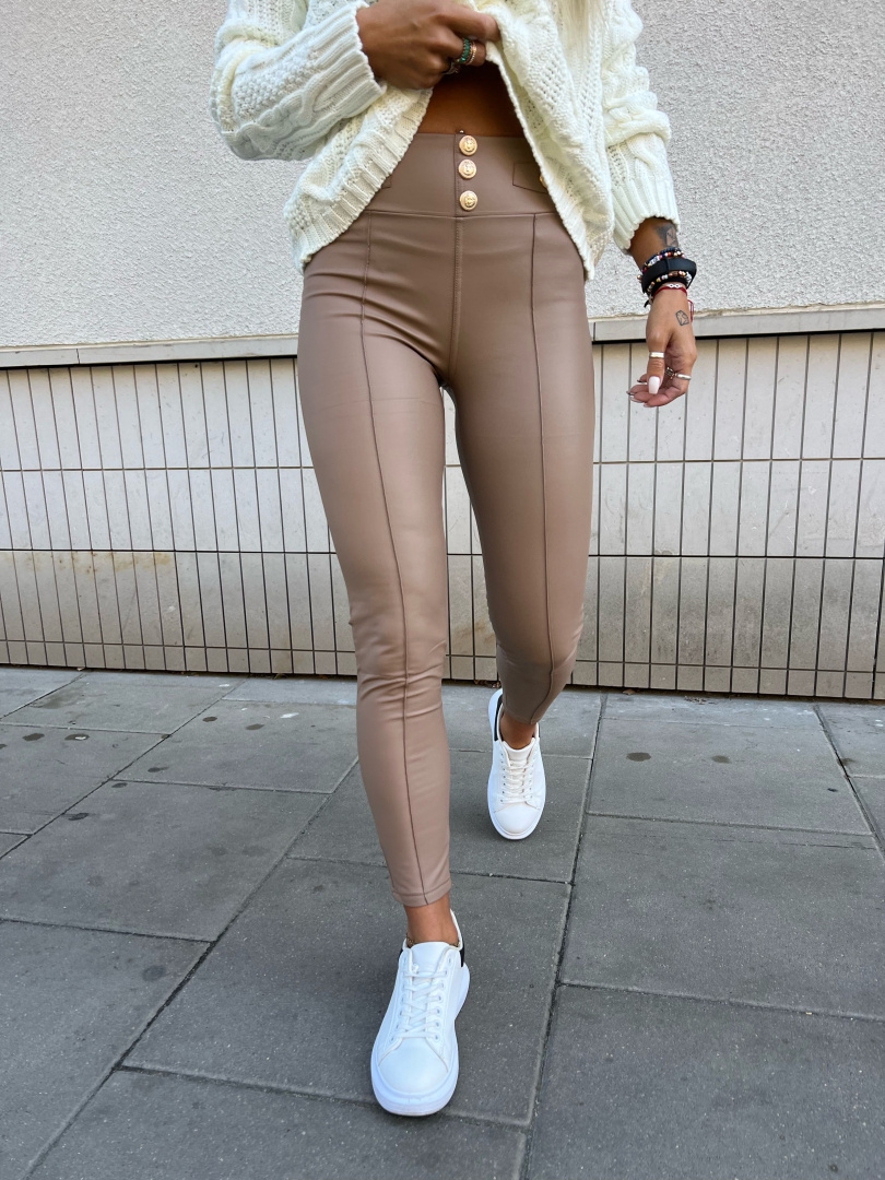 Elastyczne woskowane legginsy CANZA | beż | złote guziki | S M L XL