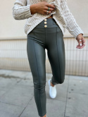 Elastyczne woskowane legginsy CANZA | khaki | złote guziki | S M L XL