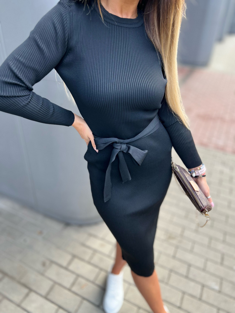 Prążkowana midi sukienka OLIMPIA | czerń | pasek | one size