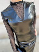 Prosta sukienka ze skóry ekologicznej IVETA | czerń | srebrne wstawki | one size