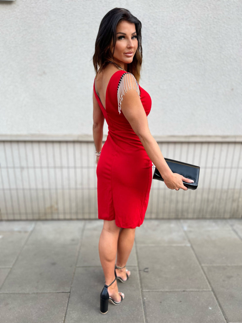 Sukienka mini CHARIS | czerwień | łańcuszki | rozporek | one size