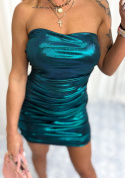Błyszcząca sukienka mini HYPNOTIC | głęboki turkus | marszczenia | one size