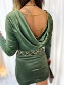 Welurowa sukienka ANTONINA z łańcuszkiem na plecach | khaki | ściągacz | one size