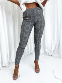Elastyczne spodnie LAUREN | popiel | krata | ozdobne guziki | S M L XL XXL
