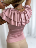 Damska bluzka RIRI | pudrowy róż | falbana | odkryte ramiona | one size