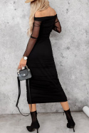 Marszczona sukienka midi VEOLIA | czerń | odkryte ramiona | S/M