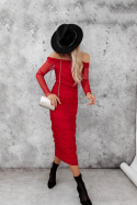 Marszczona sukienka midi VEOLIA | czerwień | odkryte ramiona | S/M