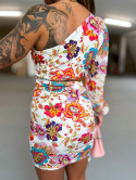 Kobieca sukienka PENELOPE | kwiaty | jedno ramię | wycięcie | rozmiar uniwersalny