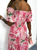 Sukienka maxi GUANA | pudrowy róż | kwiaty | odkryte ramiona | rozmiar uniwersalny