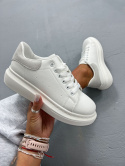 Białe sportowe buty QUEEN | szara wstawka | sznurowane | eko skóra
