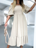 Hiszpańska sukienka ISMENA | beż | odkryte ramiona | falbana u dołu | rozmiar uniwersalny
