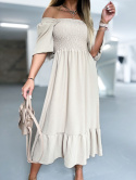 Hiszpańska sukienka ISMENA | beż | odkryte ramiona | falbana u dołu | rozmiar uniwersalny