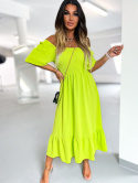 Hiszpańska sukienka ISMENA | limonka | odkryte ramiona | falbana u dołu | bufiaste rękawy | rozmiar uniwersalny