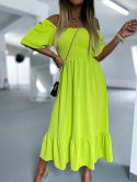 Hiszpańska sukienka ISMENA | limonka | odkryte ramiona | falbana u dołu | bufiaste rękawy | rozmiar uniwersalny