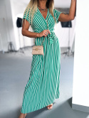 Wiskozowa sukienka maxi CLEO w paski | zieleń | dekolt V | przewiązanie | rozmiar uniwersalny