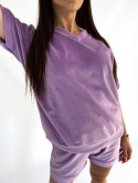 Welurowy komplet LOLO | fioletowy bez | wiosenno-letni | bluzka w serek + krótkie spodenki | rozmiar uniwersalny - one size