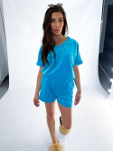 Welurowy komplet LOLO | jasny niebieski | wiosenno-letni | bluzka w serek + krótkie spodenki | rozmiar uniwersalny - one size