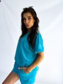 Welurowy komplet LOLO | jasny niebieski | wiosenno-letni | bluzka w serek + krótkie spodenki | rozmiar uniwersalny - one size