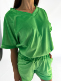 Welurowy komplet LOLO | zielone jabłuszko | wiosenno-letni | bluzka w serek + krótkie spodenki | rozmiar uniwersalny - one size