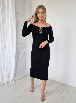 Prążkowana sukienka MILANA | czerń | one size | zdobienie na dekolcie