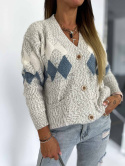 Sweter alpakowy PSALM z wełną beż/błękit | kardiganowy sweter z guzikami i rombami