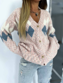 Sweter alpakowy PSALM z wełną róż/błękit | kardiganowy sweter z guzikami i rombami
