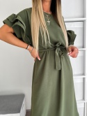 Sukienka midi CARLA | one size | oliwkowy | falbany na rękawach