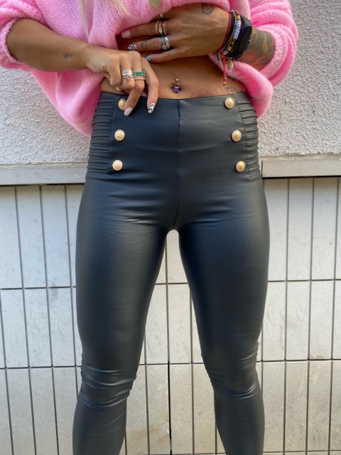 Woskowane legginsy CASPER | CZERŃ | złote guziki | S/M M/L L/XL