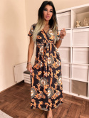 Wiskozowa sukienka maxi CLEO | czerń ze złotem | dekolt V | przewiązanie | rozmiar uniwersalny