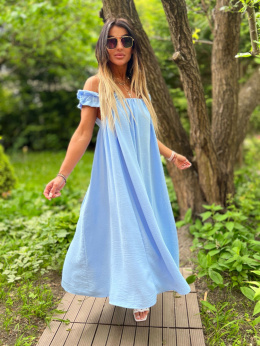 Hiszpańska sukienka MIRANDA | błękit | odkryte ramiona | falbana u dołu | rozmiar uniwersalny